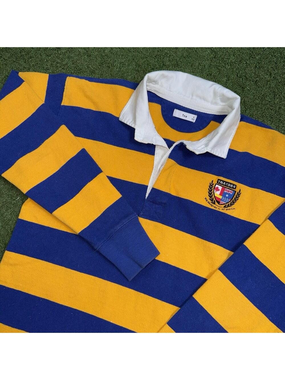 TNA Aritzia 1964 Rugby Stripe Long Sleeve Polo Yellow Blue Women Small Y2K Retro